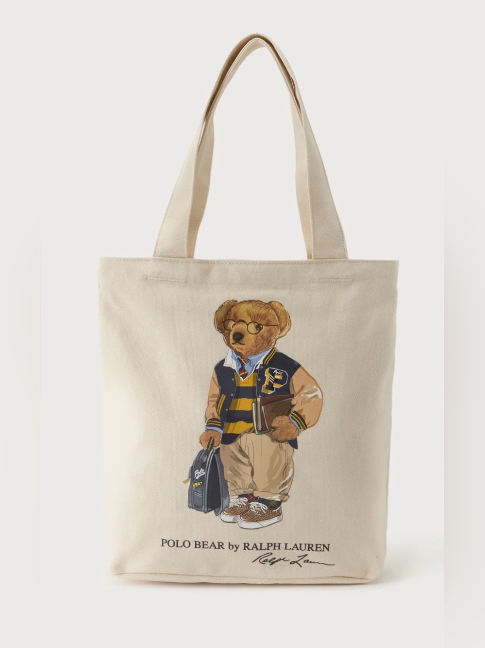 Polo Ralph Lauren Natural BOY BACK TO SCHOOL BEAR 13.0” Canvas Zip Top Tote Bag
